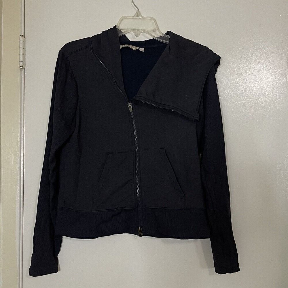 ATHLETA ribbed sleeve navy knit full zip asymmetric hoodie jacket size Medium